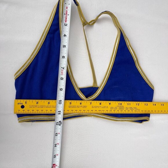 Anthropologie U-Neck Stretch T-Back Sports Bra Top Blue White Yellow Trim Size S - Picture 7 of 7